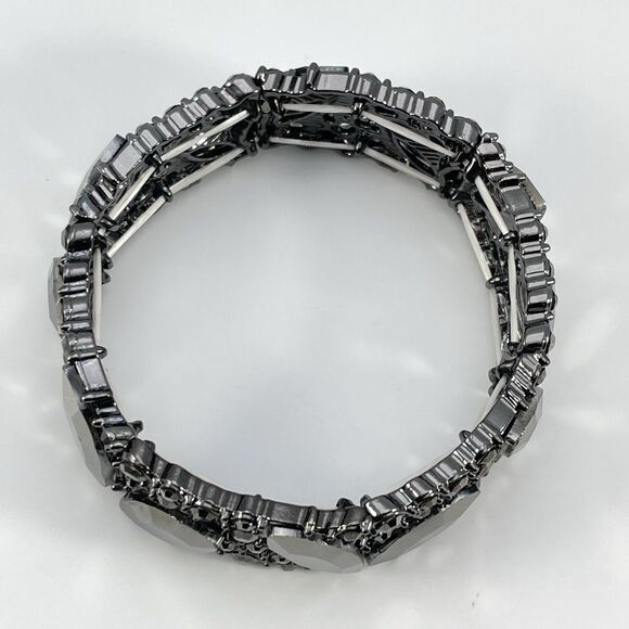 Black Gunmetal Tone Black Glass Rhinestone Bracelet Stretch Elegant Boho Goth - Picture 3 of 6